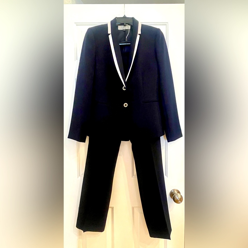 Tahari ASL Navy Blue Suit with White Trim